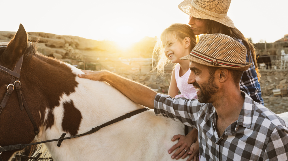 father, mother, and daughter with horse at sunset