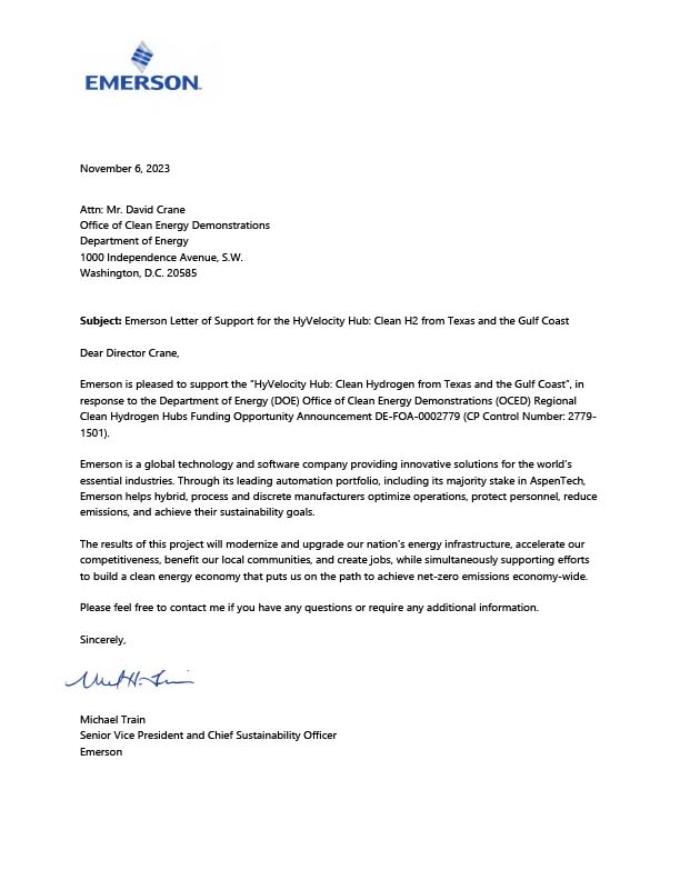 Letter of Support from Emerson Senior Vice President and Chief Sustainability Officer Michael Train
