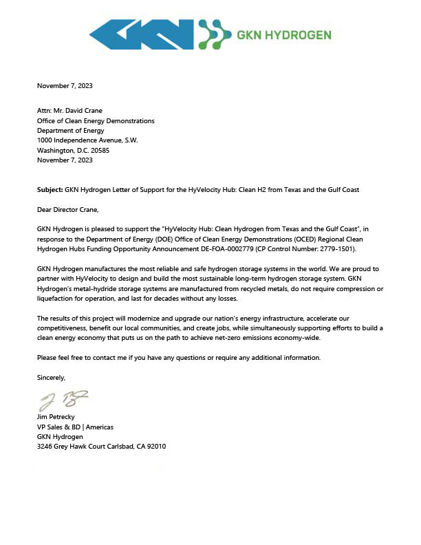 Letter of Support from GKN Hydrogen Vice President of Sales and Business Development Jim Petrecky